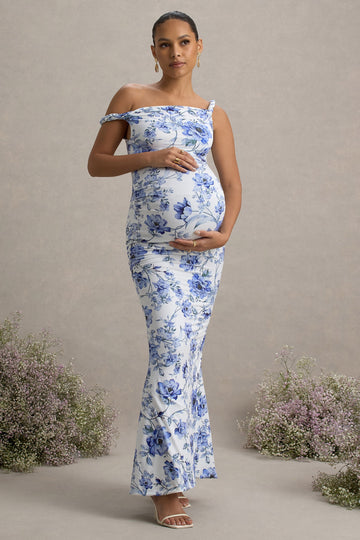Lita Blue Floral Print Twisted Asymmetric Maternity Maxi Dress